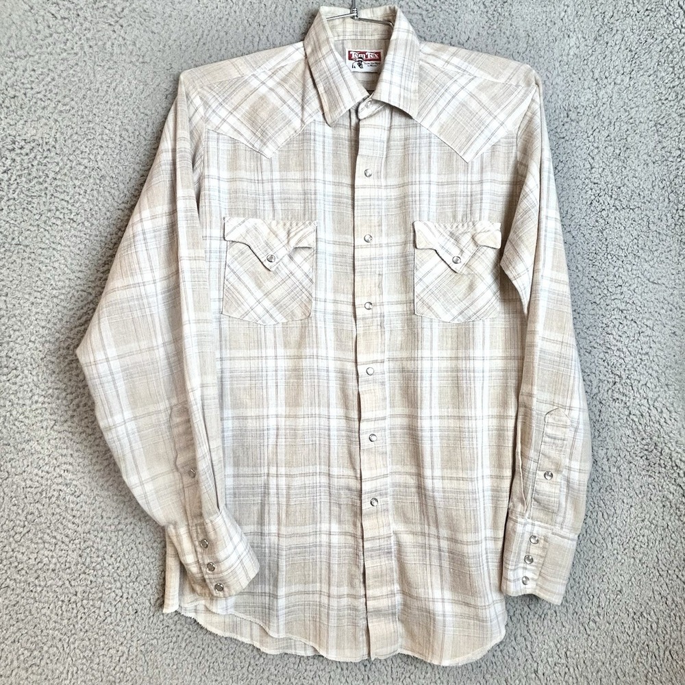 VTG 70s Tem Tex Western Heavyweight Cotton Pearl Snap Plaid Shirt Size 16-35 Med